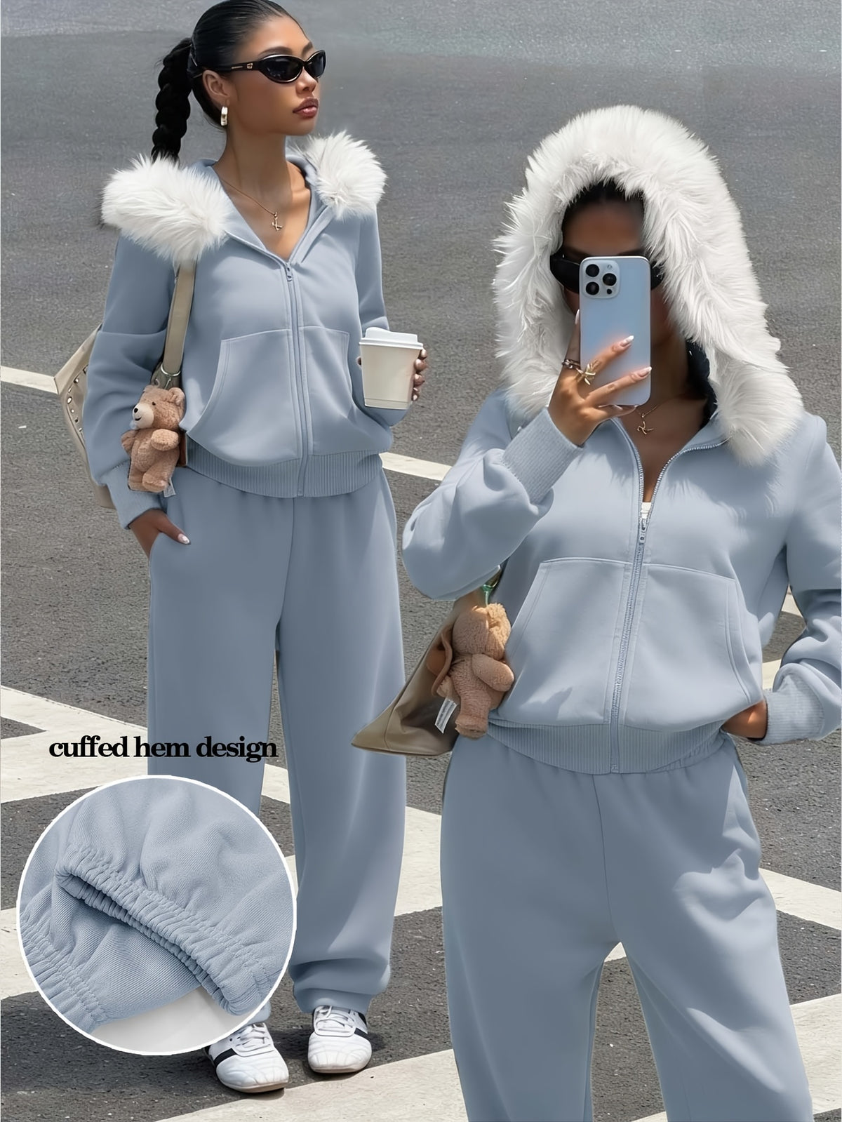 Women's Casual Polyester Hoodie & Wide-Leg Pants Set - ayq