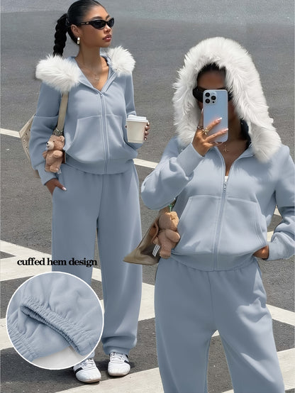 Women's Casual Polyester Hoodie & Wide-Leg Pants Set - ayq