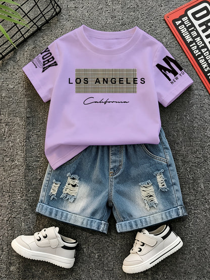 Summer Boys Los Angeles Print T-Shirt & Distressed Shorts Set