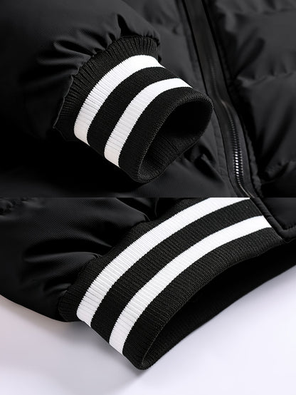 Men's Modern Streetwear Hooded Jacket with Embroidered Lettering, Color-Block Design, Removable Hood & Polyester Fill - Machine Washable Long Sleeve Coat with Pockets for Fall Winter Casual Wear