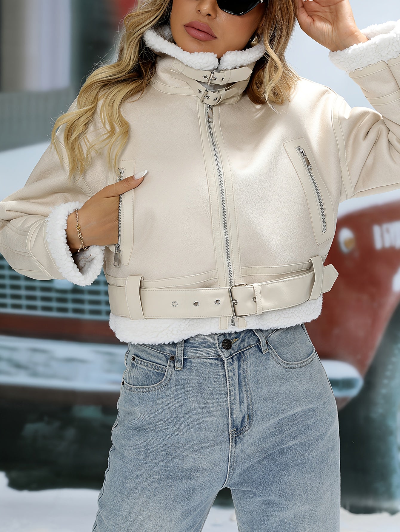 Autumn Winter women warm thickening Faux Lamb Fur Leather jacket street lapel coat with belt