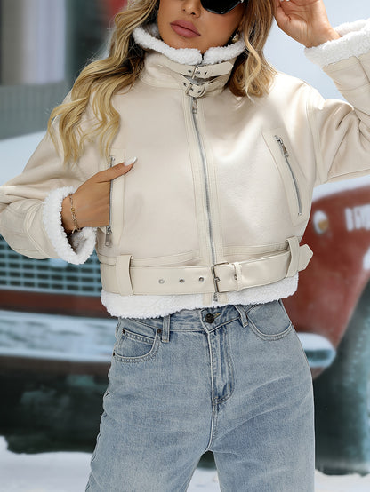 Autumn Winter women warm thickening Faux Lamb Fur Leather jacket street lapel coat with belt