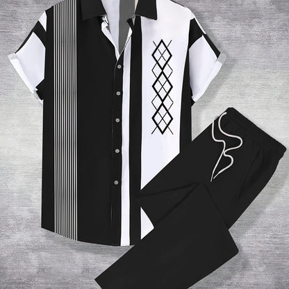 Men'S Casual Fashion Short Sleeve Shirt & Pants Set - Black & White Geometric Pattern, Polyester, Non-Stretch, Summer Sportswear, Regular Fit, Casual Attire|Geometric Pattern Shirt|Polyester Fabric