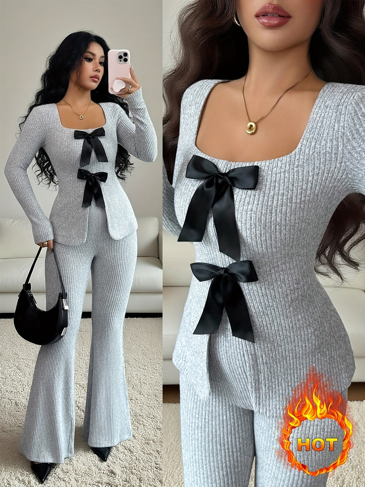 Elegant Women's Slim Fit Bow-Tie Top & Flared Pants Set - ayq