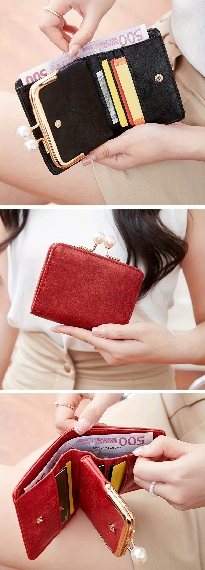 Women's Wallet Short Compact Three Layer LargeCapacity Retro Pearl Wallet High Quality PU Multi Card Seat/Coin ZeroWallet