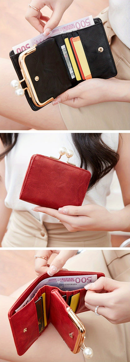 Women's Wallet Short Compact Three Layer LargeCapacity Retro Pearl Wallet High Quality PU Multi Card Seat/Coin ZeroWallet