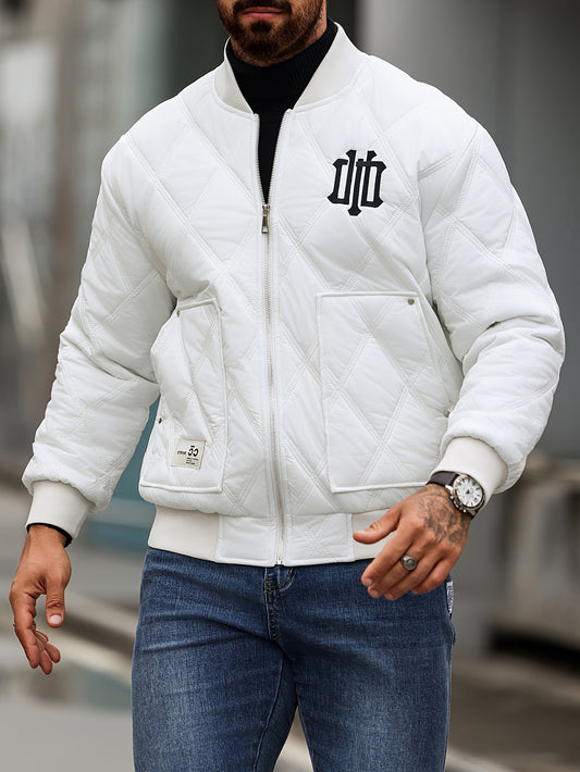 Men's Heavy-Duty Winter Jacket with Thick & Windproof, White Coat with Black Logo & Lettering, Large Zippered Pocket, Machine Washable - Casual Outerwear for Skiing, Travel, Streetwear (Regular Fit), Winter Jacket For Men, Me