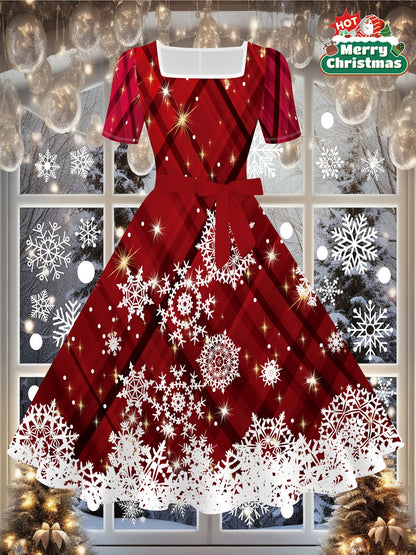 Women's Elegant Red & White Snowflake Print Winter Dress with Square Neckline & A-Line Silhouette - Machine Washable Floor-Length Party Dress for Christmas, New Year's Eve, Everyday & Formal Events - Festive Winter Outfits, F