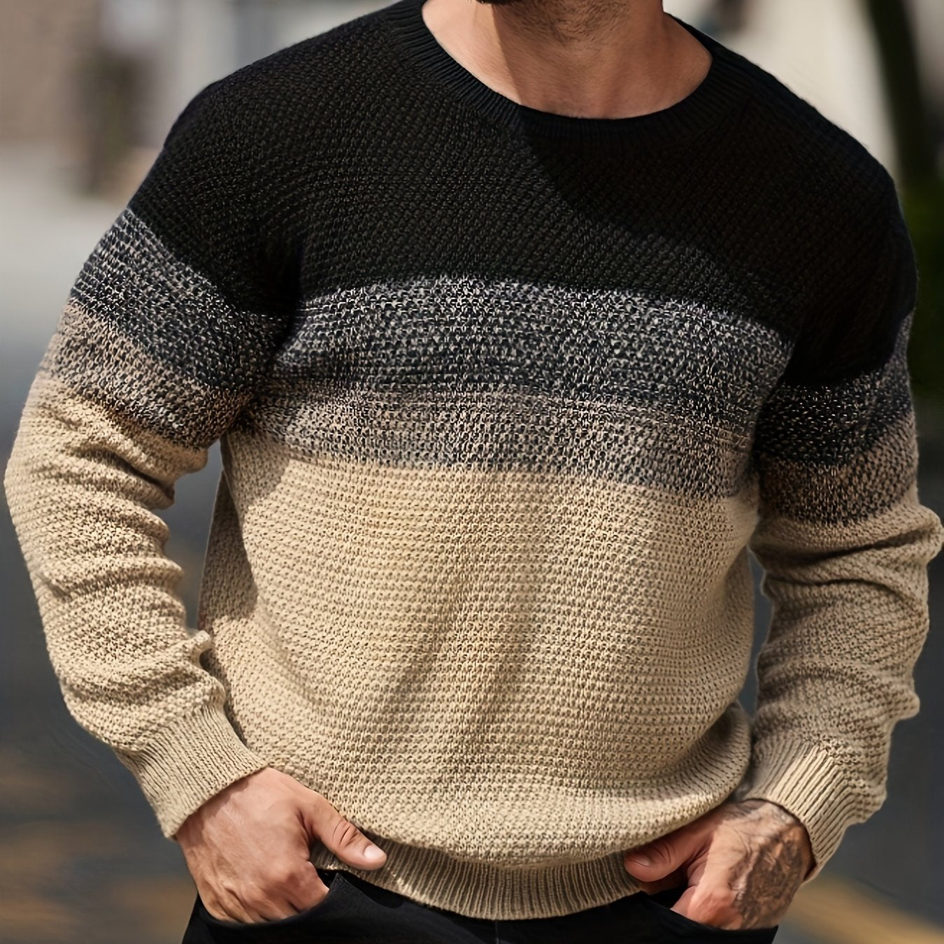 Men's Winter Gradient Color-Block Knit Sweater - Loose Fit Style Ombre Blending (Warm Round Neck Pullover) for Cold Weather, Casual & Smart-Casual Outfits - Opaque Loose-Fit Top