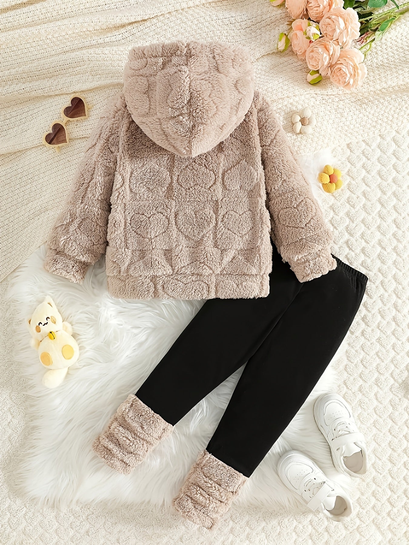 ' Cozy Fleece Hooded Sweatshirt & Pants Set - Warm Winter Outfit with Heart Pattern, Long Sleeve Pullover & Matching Pants, Perfect for Outdoor Play, Casual Style, Regular Fit, Winter Clothes for , Playful Design, Soft Textur