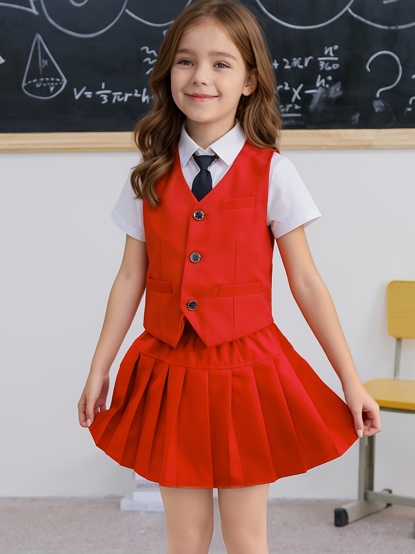 Girls' Preppy School Uniform Vest Suit Set with Skirt and Tie