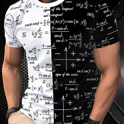 3D Fashionable Short Sleeve T-Shirt for Men - White with Black and Golden Mathematical Formulas Print, Crew Neck, Regular Fit, All-Season Comfort