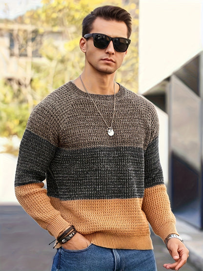 Men's Autumn and Winter Color Block Knit Sweater, Crew Neck Pullover