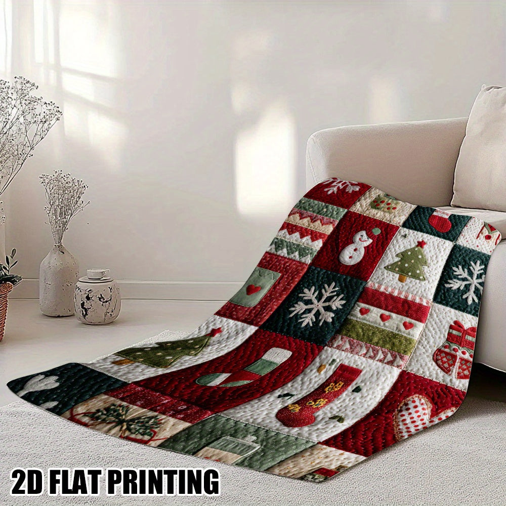 1pc Soft Holiday Flannel Blanket - Cozy Christmas & New Year'S Design with Snowflakes, Stockings, Hearts - All-Season Throw for Couch, Bed, Chair, Living Room, Office - Perfect Gift For Home Decor, Christmas Blanket, Festive