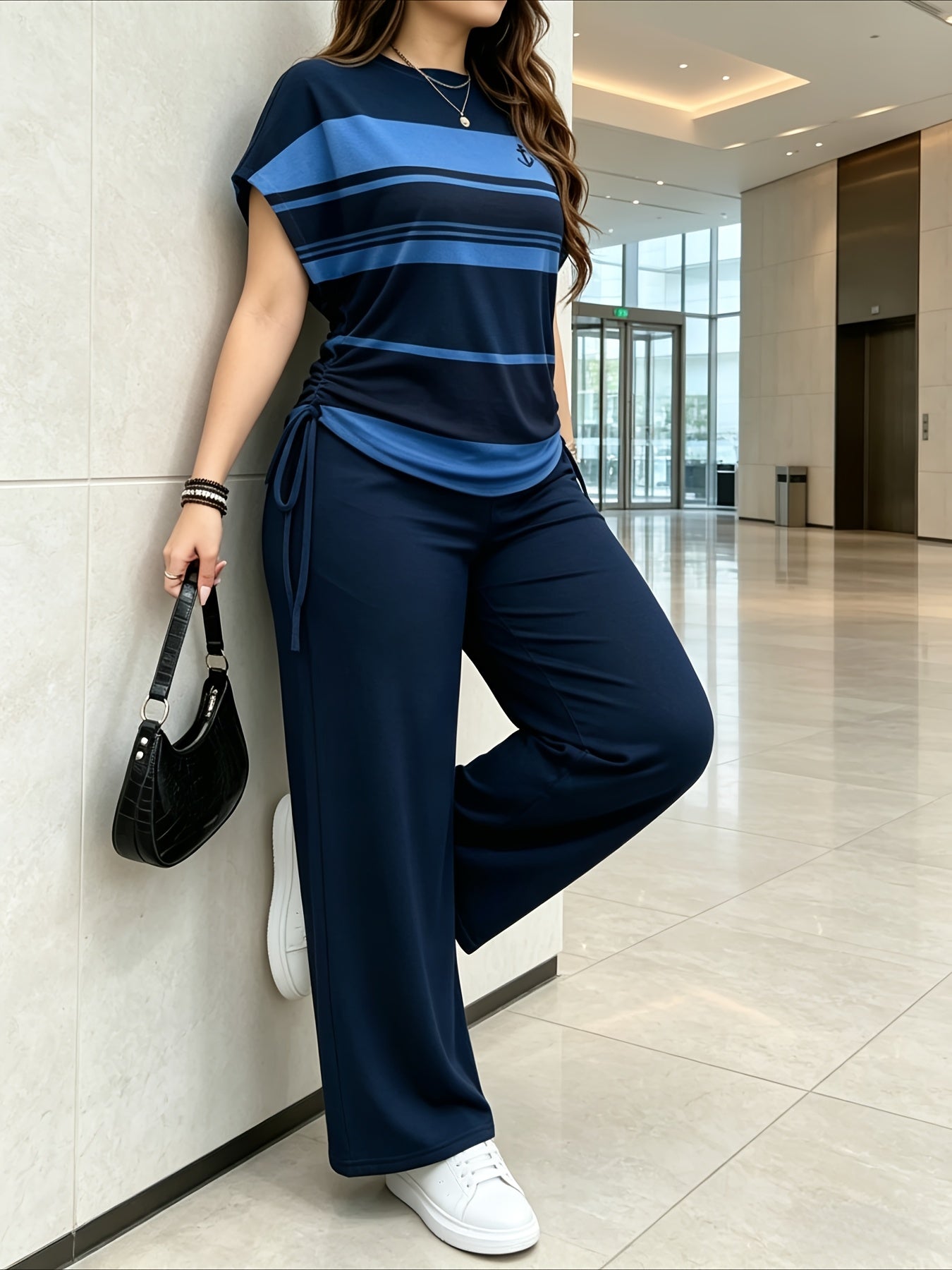 Women's Casual Two-Piece Set with Striped Bow Drawstring