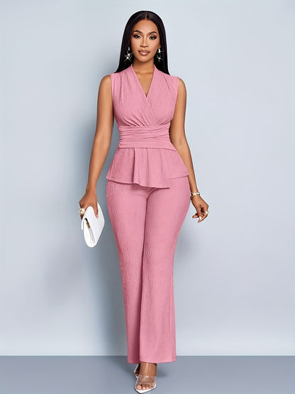Women's Elegant V-Neck Sleeveless T-Shirt and Wide-Leg Pants Two-Piece Set, Asymmetrical Hem Casual Spring/Summer Outfit