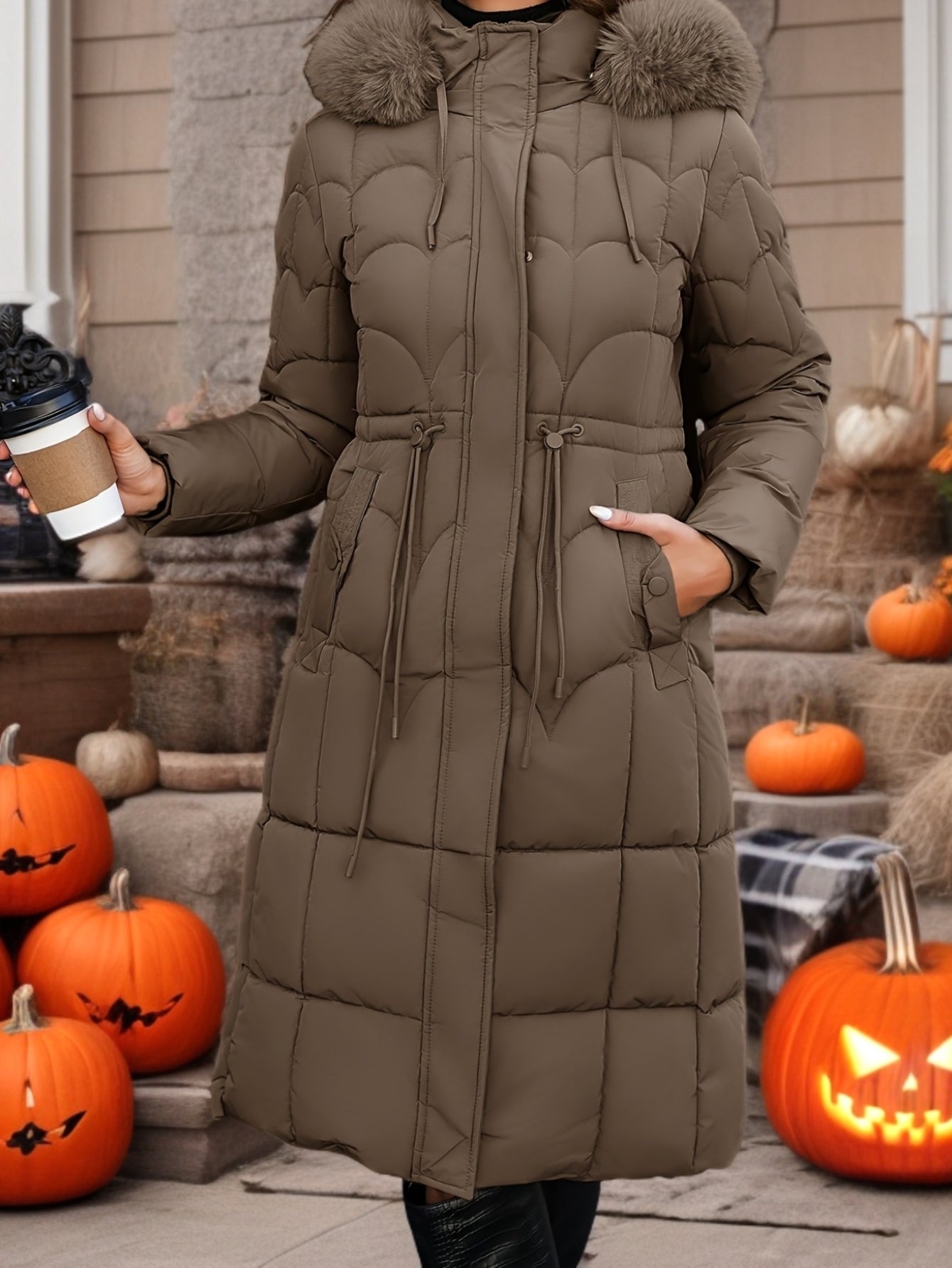 Autumn and Winter Women's Mid-Length Hooded Drawstring Pocket Waist Cinched Fashionable Mature Warm Versatile Solid Color Jacket