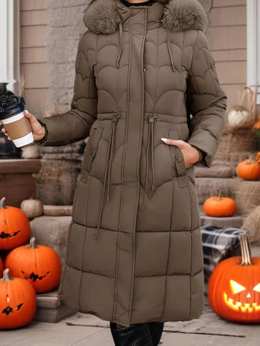 Autumn and Winter Women's Mid-Length Hooded Drawstring Pocket Waist Cinched Fashionable Mature Warm Versatile Solid Color Jacket