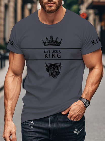 Men's 3D Digital Print T-Shirt with Crown  "LIVE LIKE A KING" Slogan - Casual Round Neck Regular Fit Machine Washable Graphic Tee for Casual Attire, Streetwear Fashion, Bold Statement Shirt, Durable Fabric Shirt