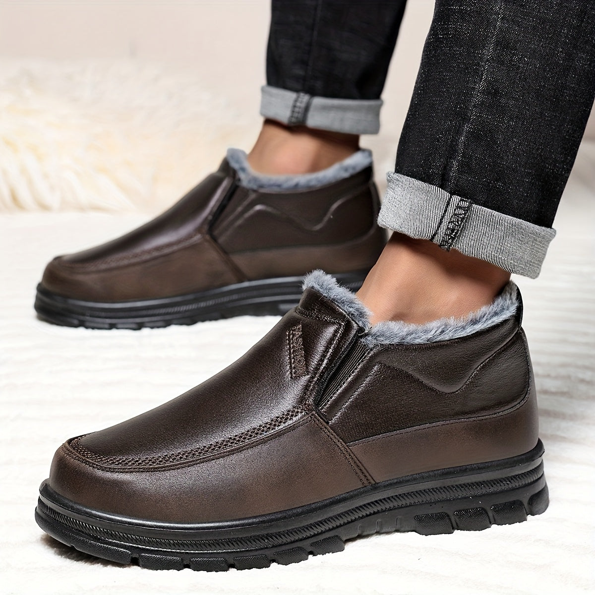 Men'S Slip-On Winter Snow Boots with Fleece & Arch Support - All-Season Cold Weather Hiking Shoes, Slip-Resistant Rubber Sole, Round Toe Design For Casual & Outdoor Wear, Hiking Boots