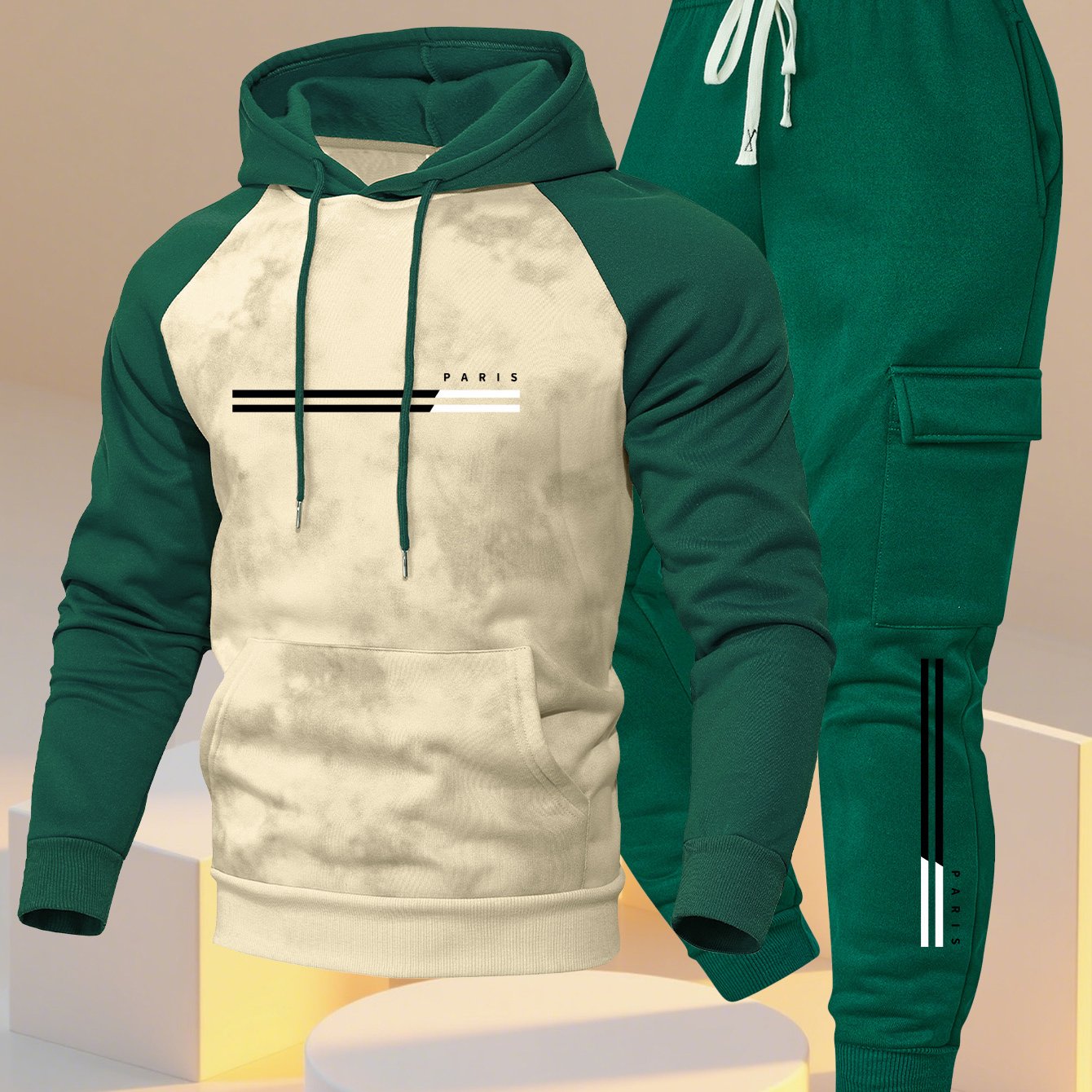 A New Trendy Color-Blocked Hoodie with Raglan Sleeves And Loose-Fitting Cargo Pants Featuring Multiple Pockets, Perfect for Casual Everyday Wear. This Breathable Hoodie And Loose Long Pants Set Comes in a Two-Piece Print Desi
