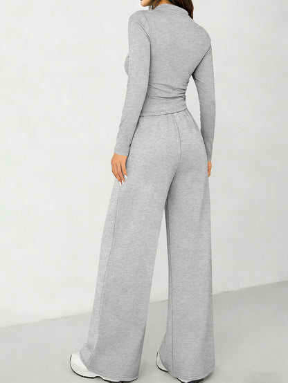 All-season Solid Color Long-sleeved Top and High-waisted Wide-leg Pants Casual Suit