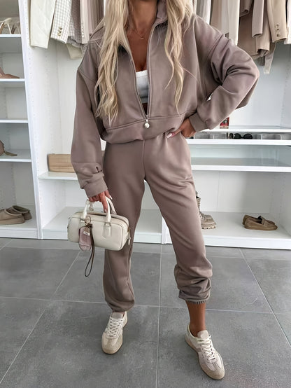 Elegant Women's Autumn Casual Zipper Hoodie & Drawstring Pants Set