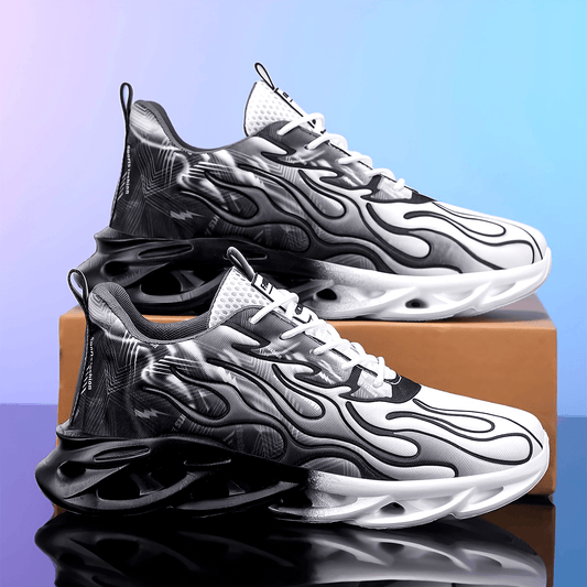 Trendy Black  White Gradient Sneakers - Breathable Mesh, Thick Sole for Height Boost, Fashion Athletic Casual Running Shoes with Flame Design, Perfect for Students  Casual Attire, High Top Sneakers