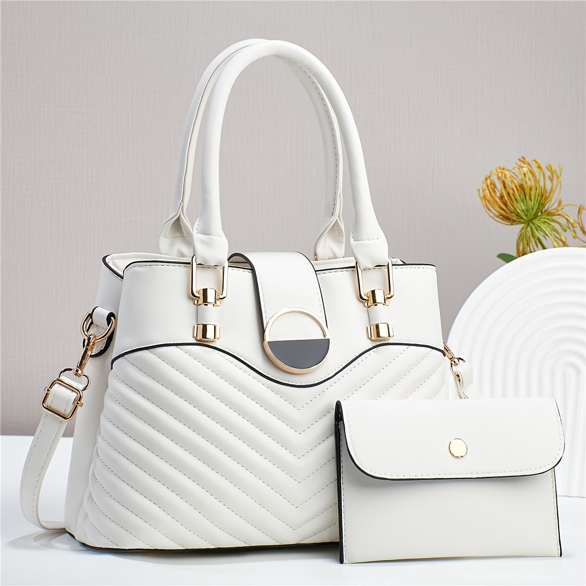 Elegant Large Capacity Black PU Tote Bag with Adjustable Strap