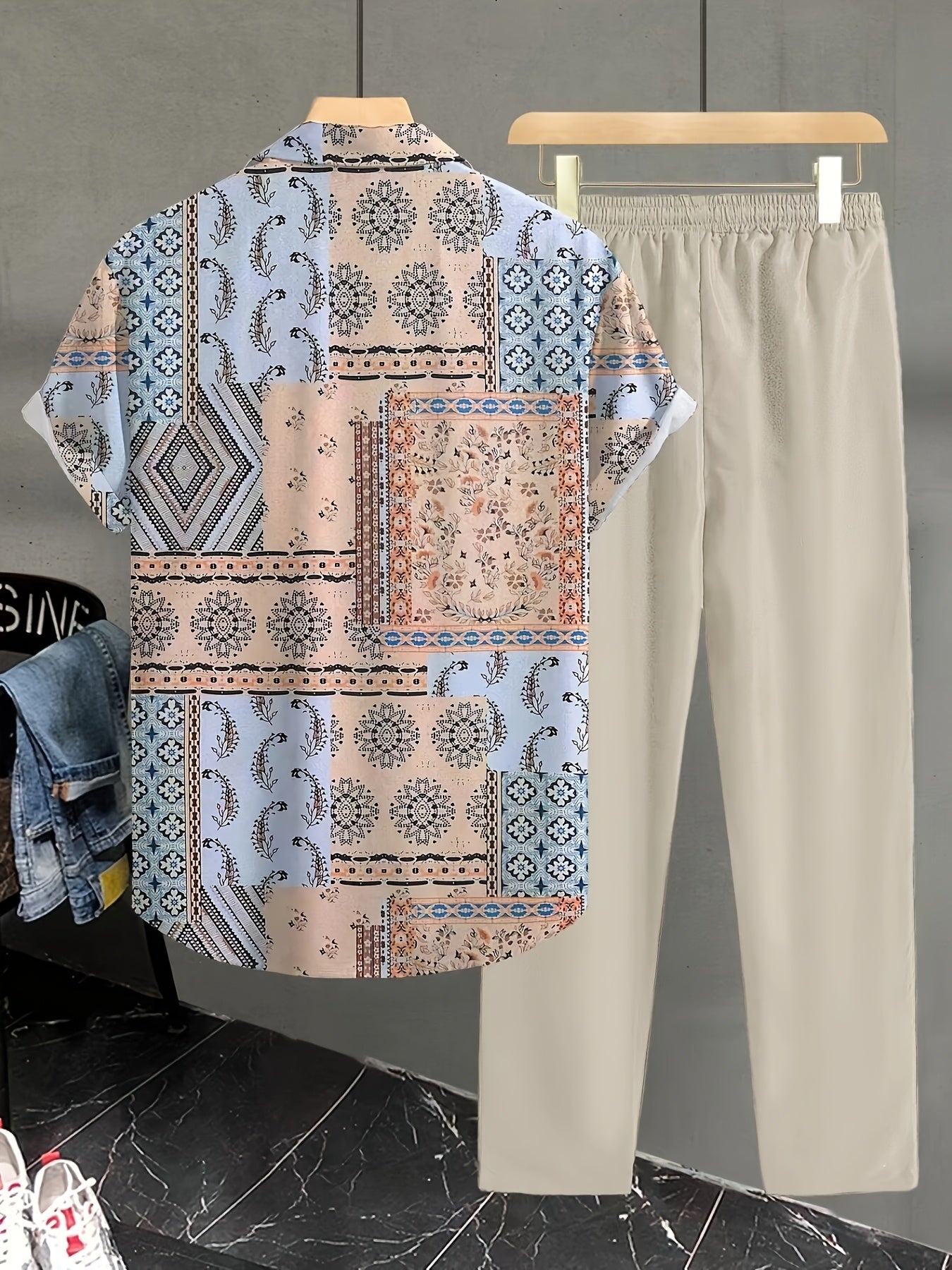 2pcs Summer Men'S Print Shirt and Pants Set Vacation 2pcs Suit, Perfect for Outdoor