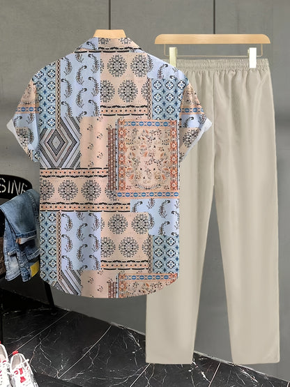 2pcs Summer Men'S Print Shirt and Pants Set Vacation 2pcs Suit, Perfect for Outdoor