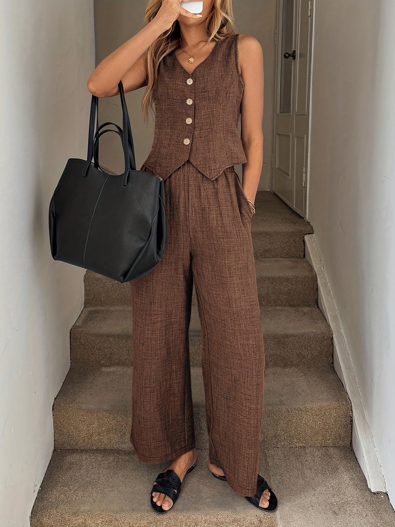 Women's Elegant Sleeveless Vest and Long Pants 2-Piece Set