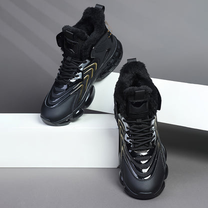 Men's Winter Warm High-Top Sneakers - Thermal Insulated PU/Fabric Upper, Golden-Tone Buckle & Strap Closure, Cushioned TPU Sole, Black/White/Golden Sneakers for Casual, Running, Everyday Winter Wear - All-Terrain Traction, Du
