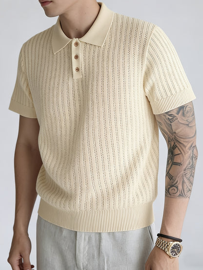 Men'S Summer Knitted Polo Shirt | Breathable Striped Design, Casual Lapel Collar, Short Sleeves, Three-Button Closure, Slim Fit, Ideal For Business Casual And Travel - ayq