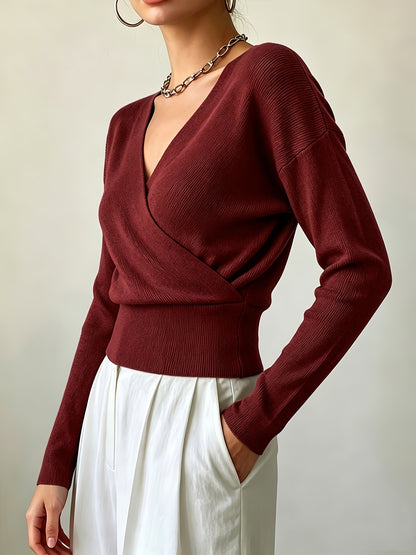 Women's Elegant Cross-Collar V-Neck Pullover Knitwear for Fall/Winter
