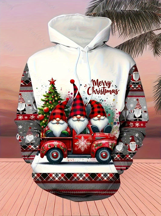 Men's Christmas Gnome & Vintage Truck  Sweatshirt - Cozy Winter Pullover Sweater with Kangaroo Pocket, Soft Polyester Blend, Plus Size Casual Holiday Sweaters for Xmas Parties & Cold Weather, PLUS SIZE