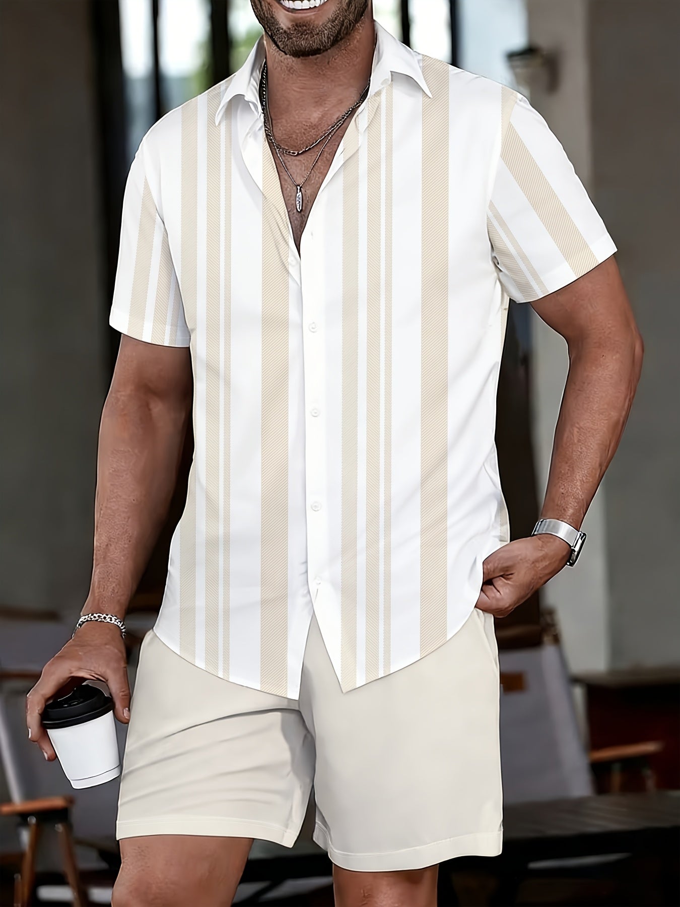 Men's Casual 2-Piece Striped Button-Up Shirt & Shorts Set