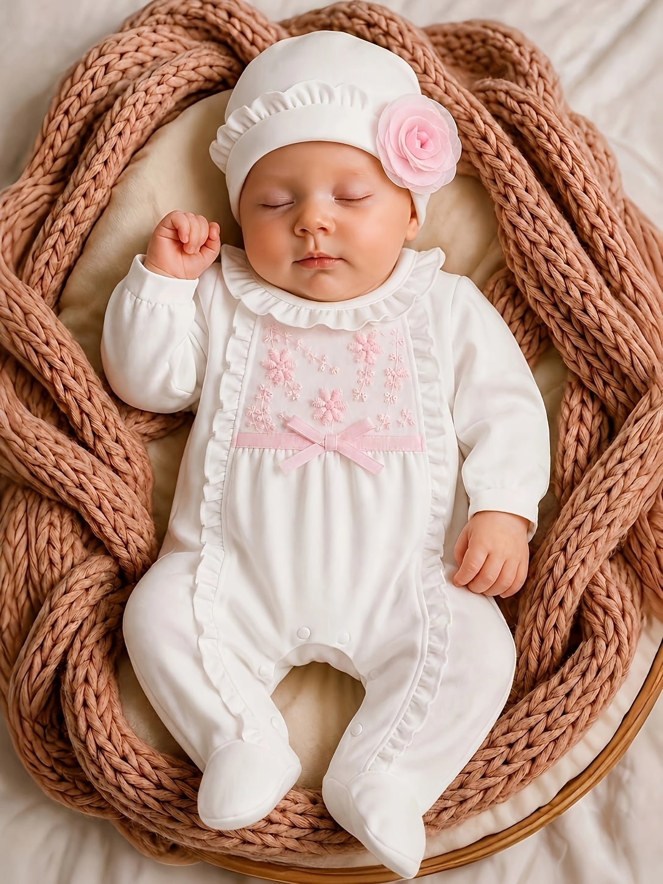 Baby Girl Cotton Romper Set with Ruffle Trim and Hat 0-12m