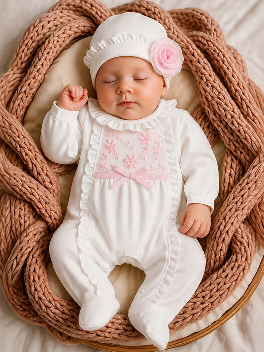 Baby Girl Cotton Romper Set with Ruffle Trim and Hat 0-12m
