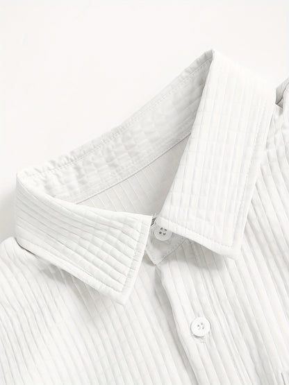 Summer Men'S Casual Bread Pattern Texture Short Sleeve Long Pants Shirt Set, 100% Polyester, Double Pocket Shirt, Turnover Woven Top Can Be Machine Washed and Dry Cleaned