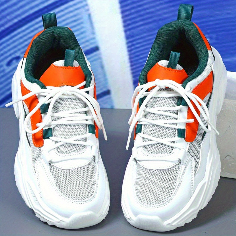 Women's Breathable Mesh Sneakers - Lightweight Lace-Up Sneakers with Contrasting Color Design, White Base with Green  Orange Accents, Perfect for Tennis, Outdoor Activities, and Casual Attire, Casual Sneakers   Casual Sneake