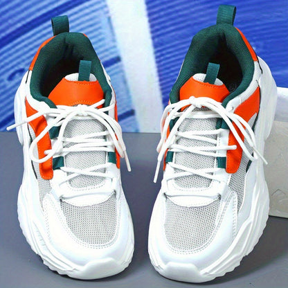 Women's Breathable Mesh Sneakers - Lightweight Lace-Up Sneakers with Contrasting Color Design, White Base with Green  Orange Accents, Perfect for Tennis, Outdoor Activities, and Casual Attire, Casual Sneakers   Casual Sneake
