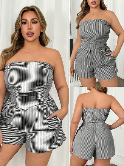 Plus Size Summer Striped Strapless Crop Top & Shorts Set