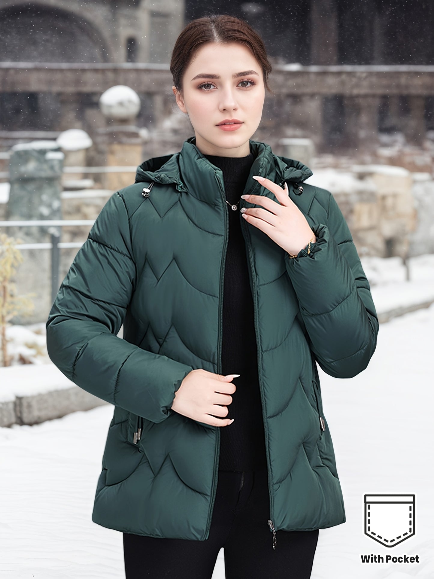 Women'S Elegant Black Winter Puffer Jacket - Long Sleeve, Zip-Up, Casual Style with Beaded Detail, Perfect for Snowy Days, Casual Winter Wear | Zippered Jacket | Functional Pockets