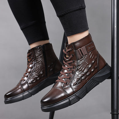 Men'S Versatile High-Top Boots, Featuring a Simple Lace-Up Design And Work Boot Style, with Slip-Resistant, Durable Thick Soles And Crocodile Texture Details, Suitable for Outdoor Travel And Daily Office Wear, Ideal for Use D