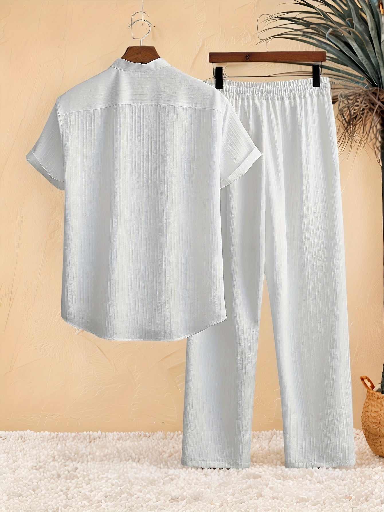 Casual 2pcs Set: Short Sleeve Stand Collar Shirt + Tie Straight Leg Pants, Suitable for Vacation Beach Outdoor Leisure Party