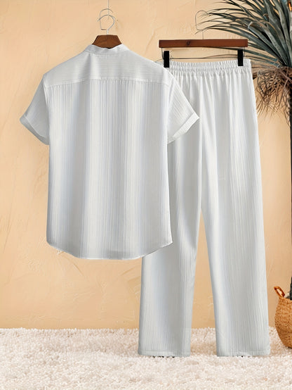 Casual 2pcs Set: Short Sleeve Stand Collar Shirt + Tie Straight Leg Pants, Suitable for Vacation Beach Outdoor Leisure Party
