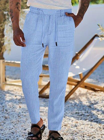 Men'S Casual Linen Drawstring Pants - Comfortable Straight Fit, Lightweight & Breathable for Beach & Outdoor Activities, Beach Casual Wear|Straight Fit Pants|Lightweight Fabric