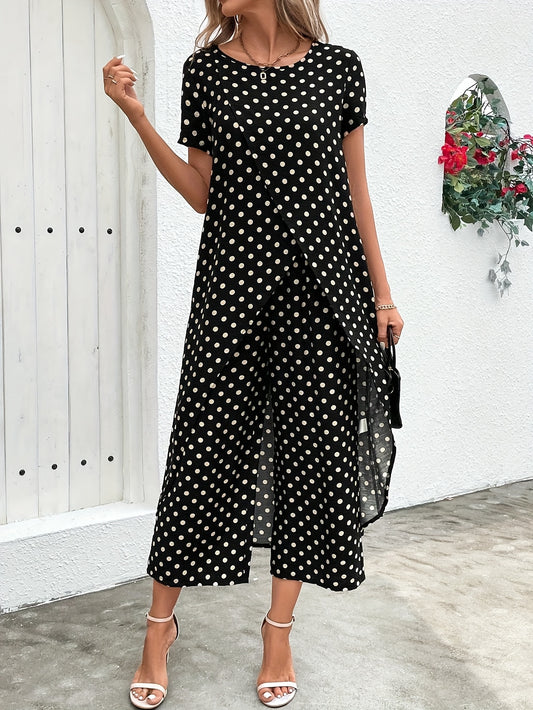 Chic Black & White Polka Dot Cross-Front Short Sleeve Maxi Robe and Pants Set - Elegant Summer Outfit for Women, Crew Neck, Non-Stretch Fabric with Asymmetrical Detail, Plus Size Friendly, Casual Elegance Wear | Polka Dot Pat
