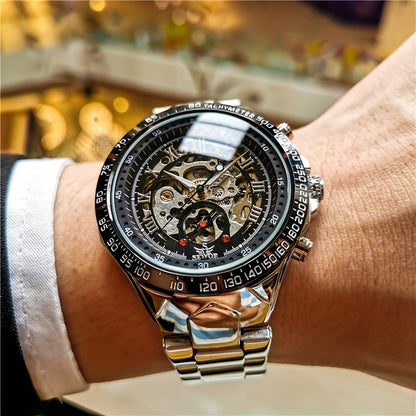 Fashion Statement, Men's Luxury Automatic Mechanical Watch - Elegant Stainless Steel Band, Multi-Function with Sun, Moon, and Stars Display, Transparent Back for Sophisticated Style